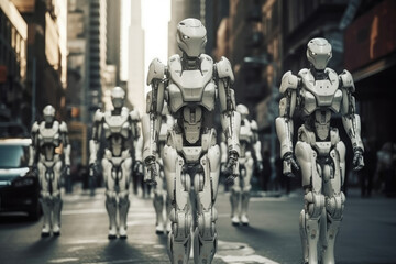 Humanoid white robots against the background of a huge city, among people, the concept of technology development, robotic help to people. Generative AI.