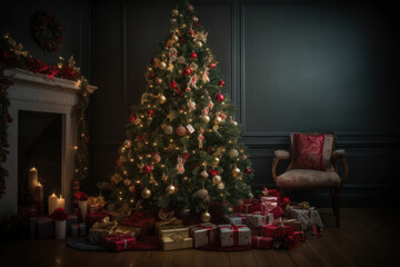 Fototapeta na wymiar Dazzling Christmas Tree with Stunning Baubles and Presents