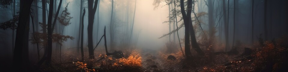 illustration, dark forest, scary in autumn, website headers, ai generative