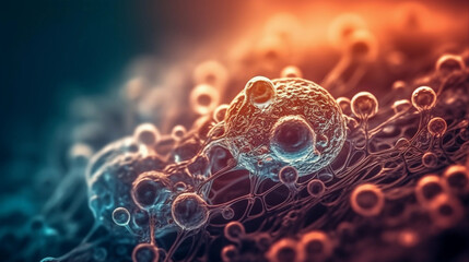 Beautiful 3d rendering of stem cell microscope. perfect background for your computer or laptop. Perfect template for you powerpoint deck (Generated with AI)