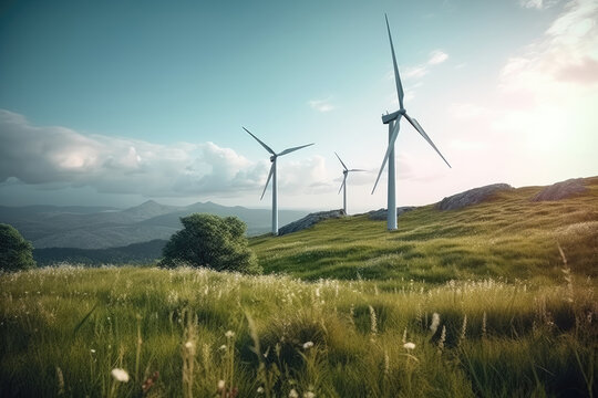 The photo shows wind turbines on a hill, with the blades turning in the wind. The scene is peaceful and environmentally friendly, with green hills and blue sky in the background. Generative AI, AI.