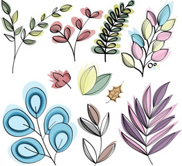 Colorful leaves, watercolor, outline. Botanical vector illustrations for greeting card, invitation card, birthday card, presentation background, internet, social networks.