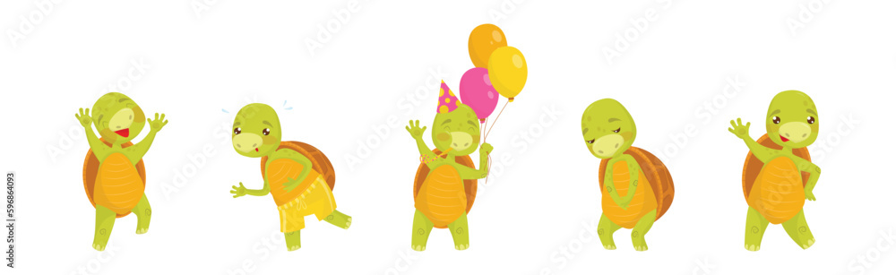 Poster funny turtle or tortoise with shell engaged in different activities vector set