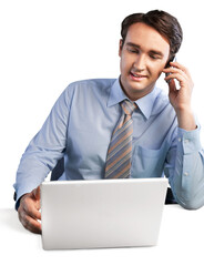 Portrait of young handsome businessman using laptop and phone isolated on white background