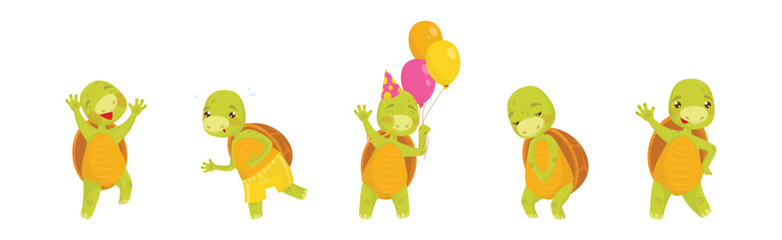 Funny Turtle or Tortoise with Shell Engaged in Different Activities Vector Set