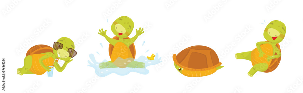 Poster funny turtle or tortoise with shell engaged in different activities vector set