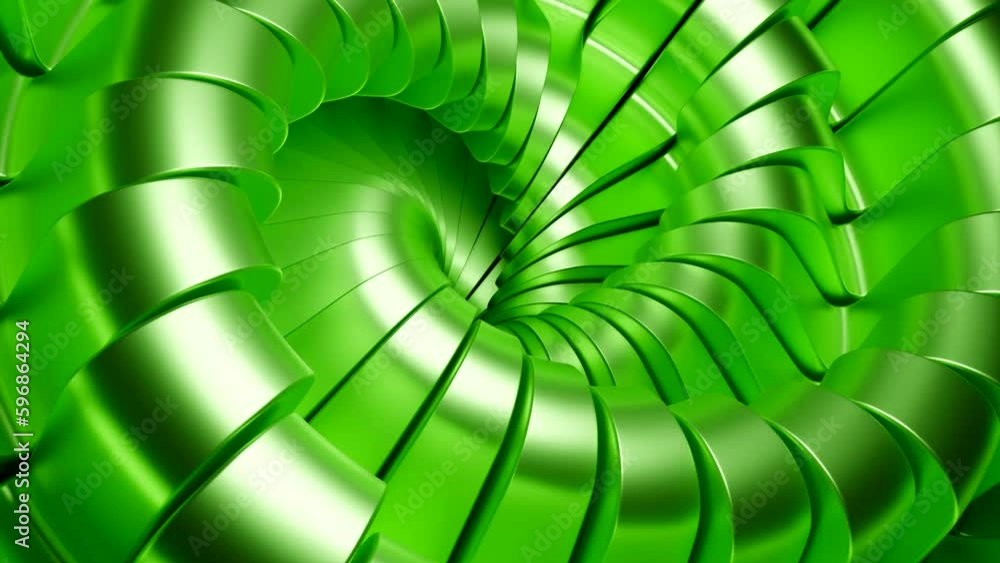 Poster green and yellow twisted tunnel. design. a moving twisted pigtail made in 3d format that moves inwar