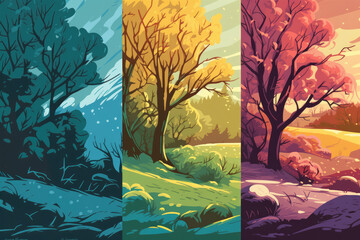 Depict the transition from winter to spring in an illustration using lighting, color scheme, and artistic style to convey the message effectively. Generative ai.