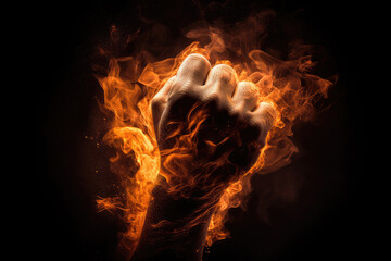 Powerful fist emerging from flames using dramatic lighting, warm colors, and a bold artistic style. Generative ai.