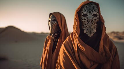 A group wearing a robe and ornate jewelry in the desert wasteland