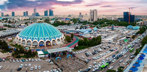 Aerial Panorama view of the Chorsu market in Tashkent, Uzbekistan