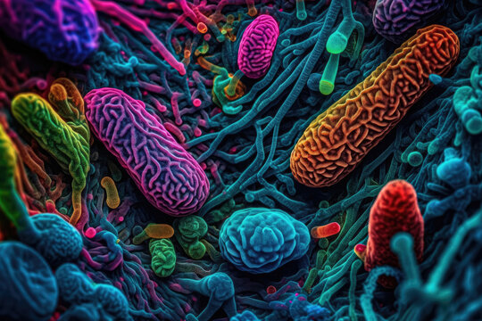 Photo captures the fascinating world of bacteria under a microscope, with their vibrant fluorescent colors illuminating their intricate structures. Generative AI, AI.