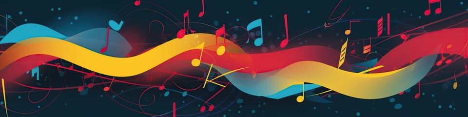 illustration, musical notes in yellow, blue and red, website headers, ai generative