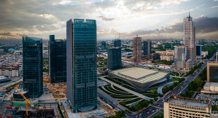Aerial panorama view of city center contemporary buildings Scyscrapers in Tashkent Uzbekistan - obrazy, fototapety, plakaty