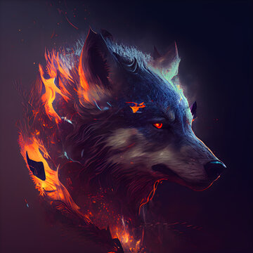 Fantasy illustration of a wolf with fire on a dark background.