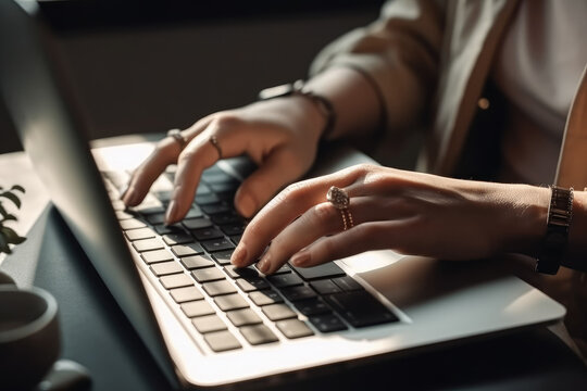 A woman's hands typing on a laptop, focused and productive at work. Generative AI, AI.