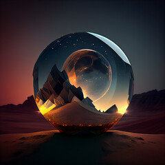 Fantasy landscape with planet in a glass sphere. 3d rendering