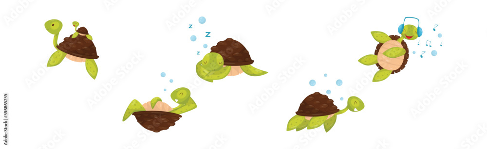 Poster funny turtle or tortoise with shell engaged in different activities vector set