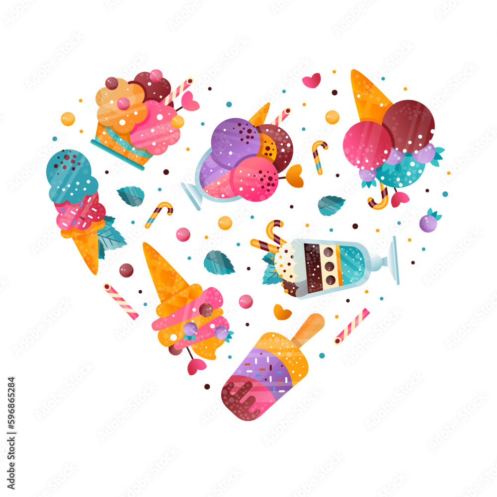 Sticker ice-cream design with frozen confection and sweet dessert vector heart shaped composition