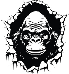Gorilla Breaking Through A Wall Logo Monochrome Design Style
