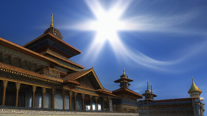 Obraz premium The bright sun in the blue sky over the historical temple. The sun's rays in the blue sky. Generated by AI. International Sun Day.