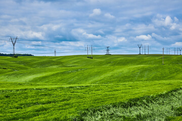 Fototapeta na wymiar Electric poles in green wheat fields at daytime. Transportation of electricity.