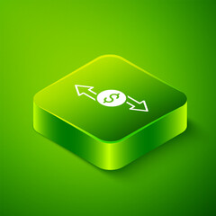 Isometric Money exchange icon isolated on green background. Cash transfer symbol. Banking currency sign. Green square button. Vector