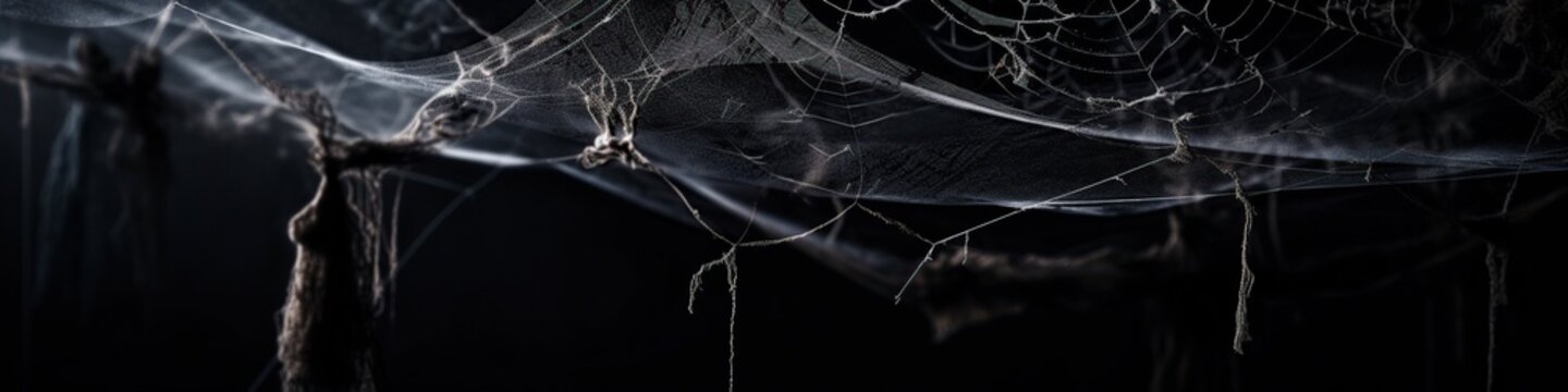 illustration, creepy spider webs hanging on a black banner, website headers, ai generative