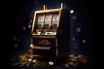 Slot machine illustration. Jackpot poker golden slot machine. Gambling gold prize fortune vector concept. Illustration of game machine, gaming casino. AI Generative