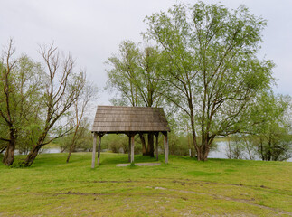 View of the wooden gazebo next to the bird observatory, 