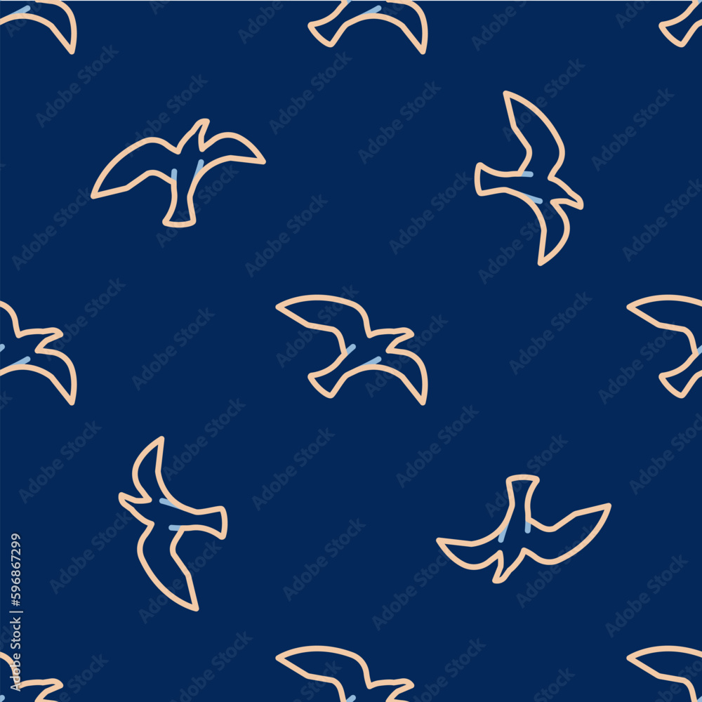 Poster Line Bird seagull icon isolated seamless pattern on blue background. Vector