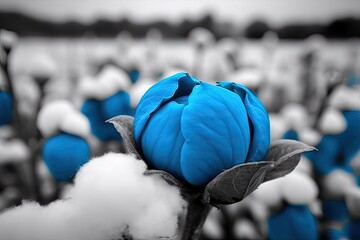 solitary blue flower blooming in a vast field under a clear blue sky. Generative AI