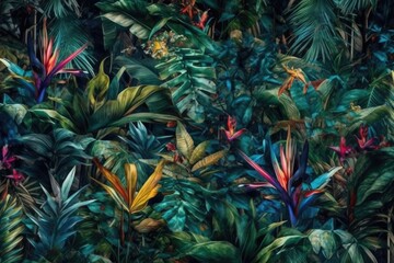 Naklejka na ściany i meble lush tropical garden with colorful birds of paradise and exotic plants. Generative AI