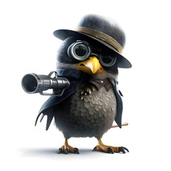 Cute owl in hat and sunglasses with camera on a white background - obrazy, fototapety, plakaty
