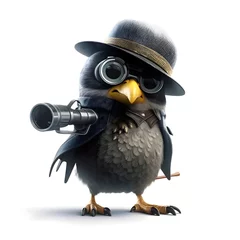Poster Cute owl in hat and sunglasses with camera on a white background © Waqar