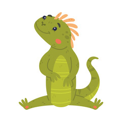 Funny Green Iguana Character with Scales Sitting on the Ground Vector Illustration