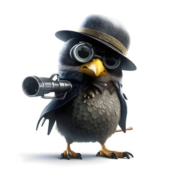 Cute owl in hat and sunglasses with camera on a white background