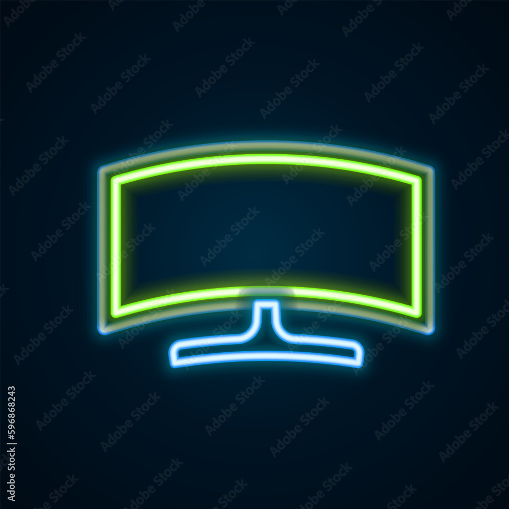 Poster glowing neon line computer monitor icon isolated on black background. pc component sign. colorful ou