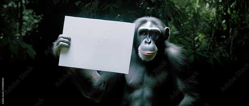 Wall mural generative ai illustration of a chimpanzee holding a white sign in a jungle, copy space for any text