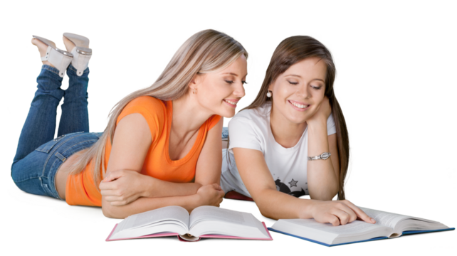 Two girls reading books isolated on white background