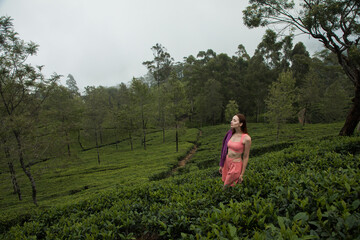young woman tourist posing at tea plantation