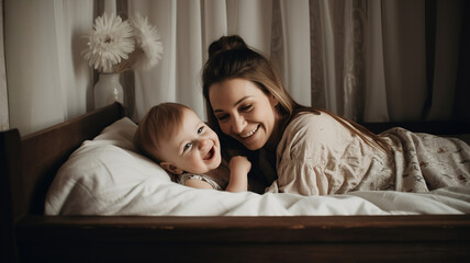 Mother and baby lying on the bed, playing, Family at home bedroom
