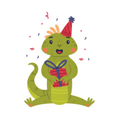Funny Green Iguana Character with Scales Sitting in Birthday Hat with Gift Box Vector Illustration