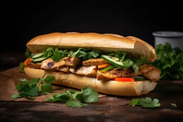 banh mi with grilled chicken and a variety of fresh herbs