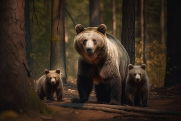 mother bear with her cubs looking at the camera, ai generated.