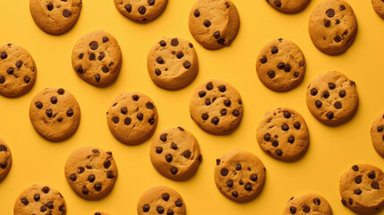 Cookies homemade chocolate chips on yellow background in top view (AI Generated)