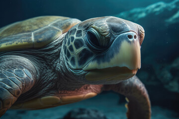 Sea turtle looking at the camera, nice background, ai generated.