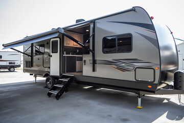 Photo of a sleek silver and black RV parked in a spacious parking lot - obrazy, fototapety, plakaty