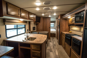 Home on wheels: A small yet functional kitchen and living space in a travel trailer