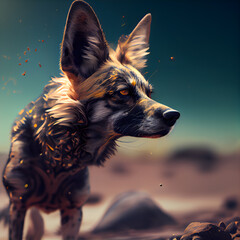 Portrait of a dog on the beach. 3d rendering.